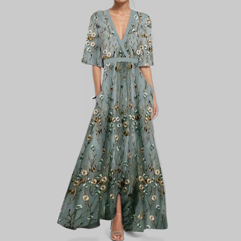 VoguePrint Slim V-Neck Half-Sleeve Waist Dress - LauBelle Brand