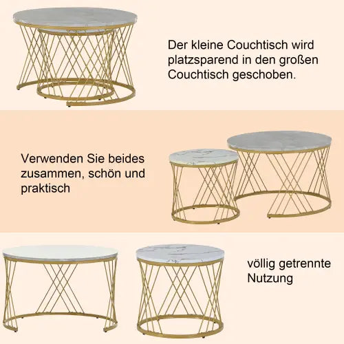 Moderne Nesting Coffee Table Set with Marble Veneer Round End Tables