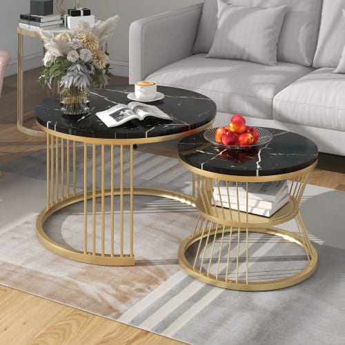 Moderne Nesting Coffee Table Set with Marble Veneer Round Design
