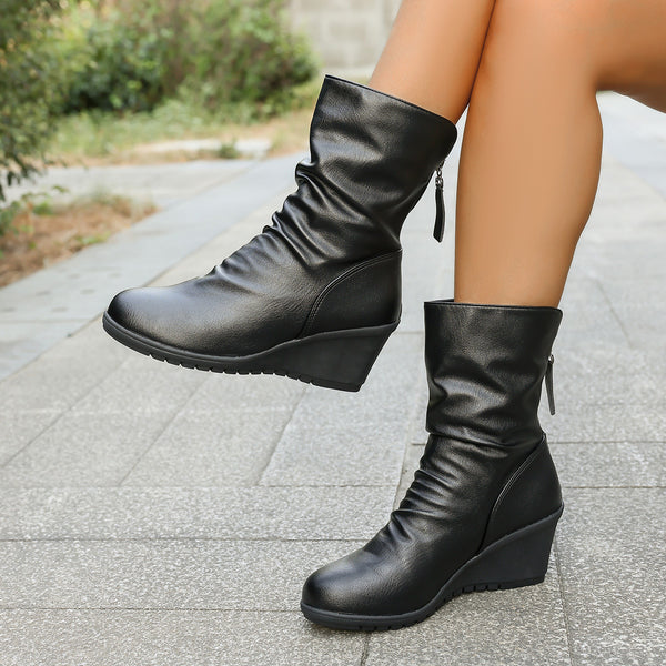 Vintage Plush Pleated Wedge Ankle Boots