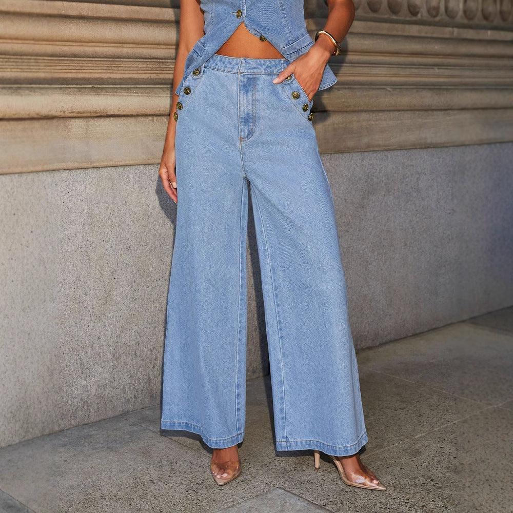 Chic Denim Duo: Vest & Wide-Leg Pants Set - LauBelle Brand