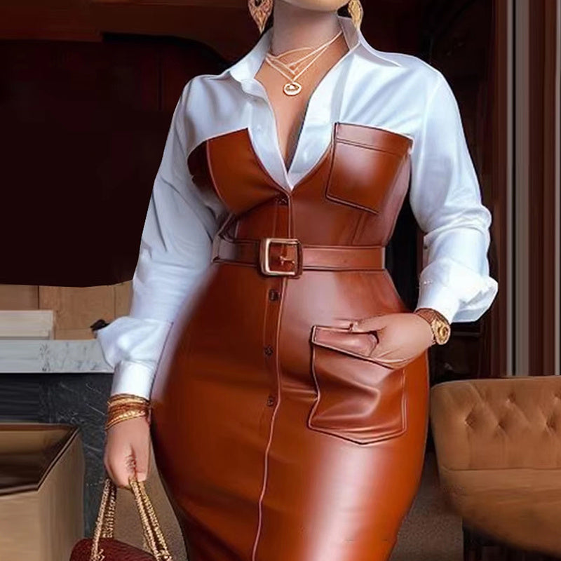 Chic V-Neck Belted Bodycon Midi Dress with Leather Trim - LauBelle Brand