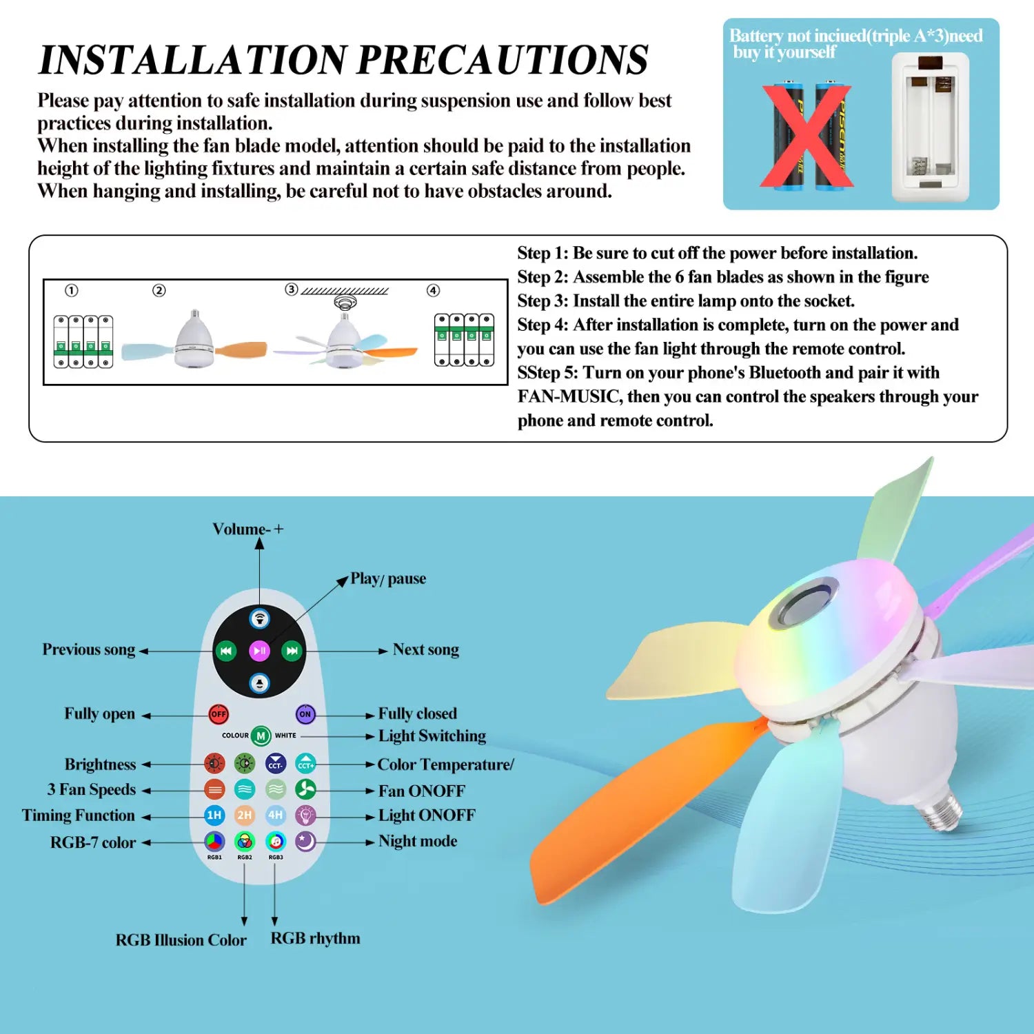 Modern ABS Ceiling Fan with RGB Light and Remote Control 32W 220V