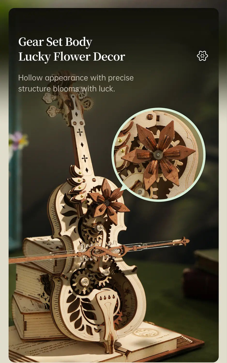 Retro Cello Music Box Puzzle with European Engraving and Floral Detail