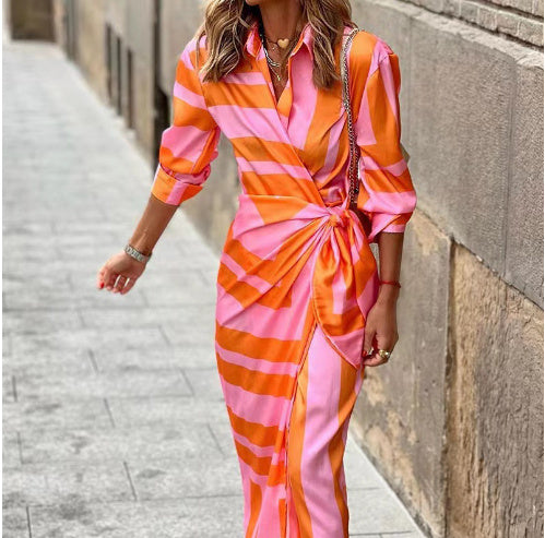 Chic Print Belted Slim Shirt Dress—3/4 Sleeve Lapel - LauBelle Brand