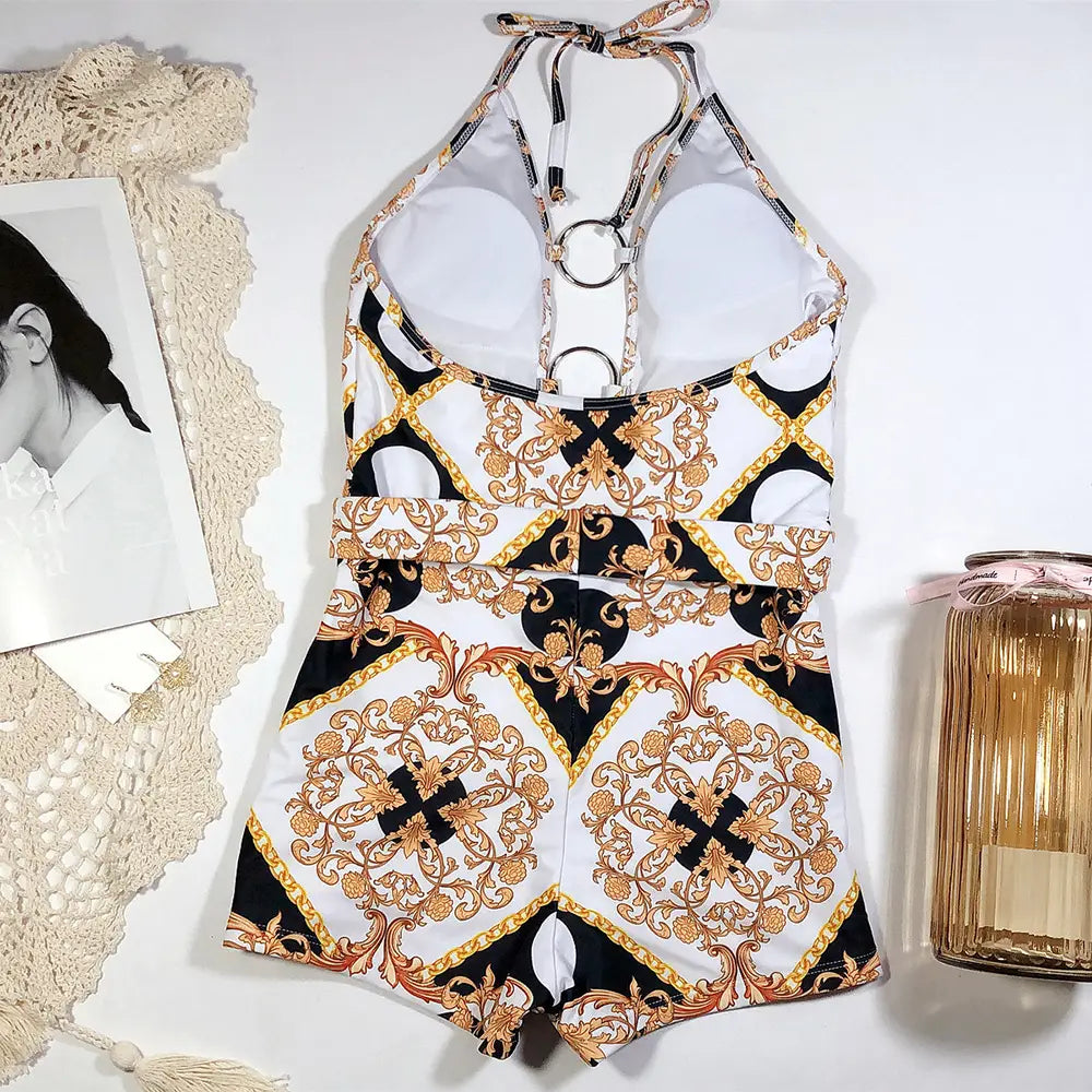 Swimsuit with printed cutout straps