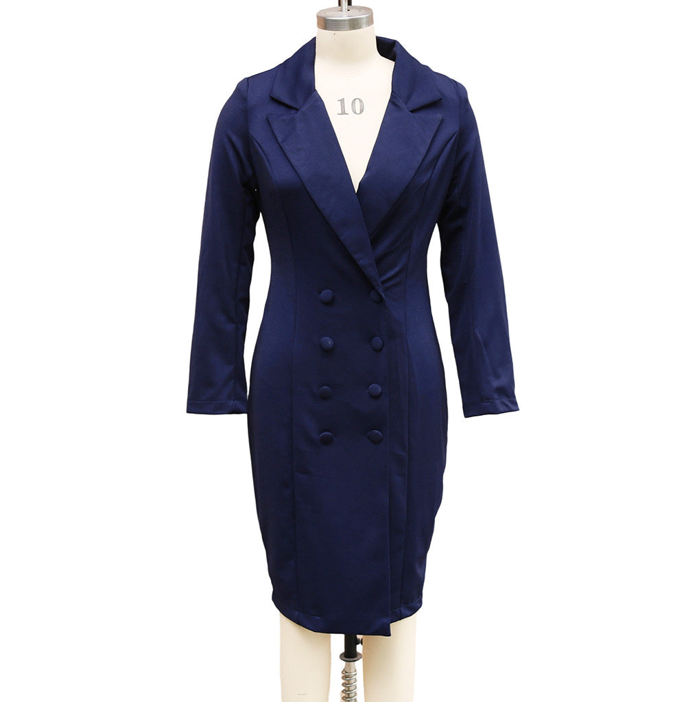 Double-breasted Blazer Dress Fashion Slim-fitting Hip-wrapped Lapel Long-sleeved Dresses Office Commuting Long Jacket Outwear For Women's Clothing - LauBelle