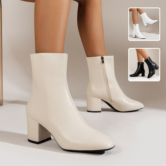 Chunky Heel Pointed Toe Boots With Side Zipper Fashion Mid-calf Boot For Women Shoes - LauBelle