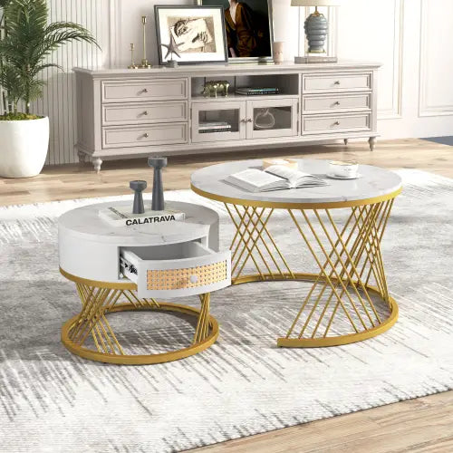 2 in 1 Round Coffee Table with Marble Top and Rattan Drawers