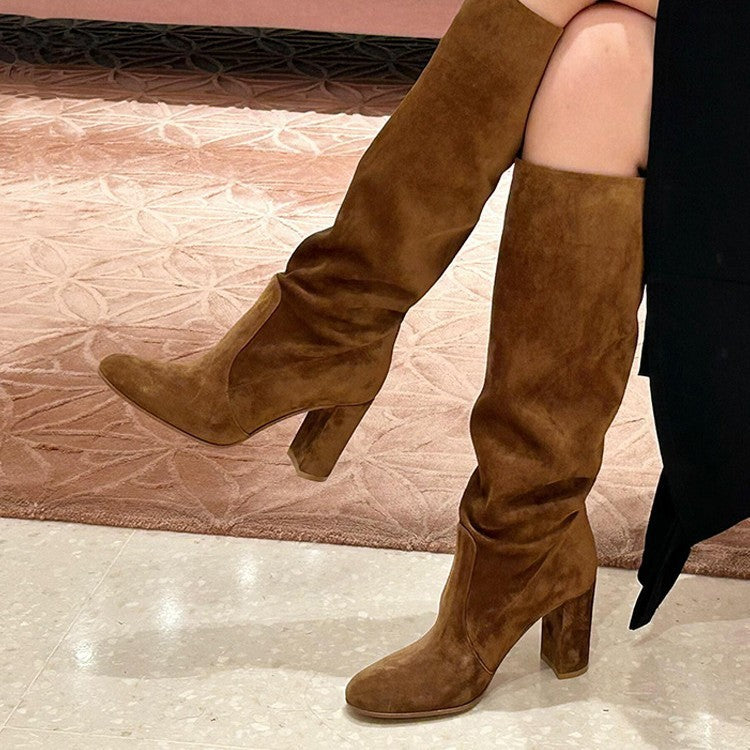 Suede Pleated Pointed Toe Chunky Heel Sleeve Boots - LauBelle