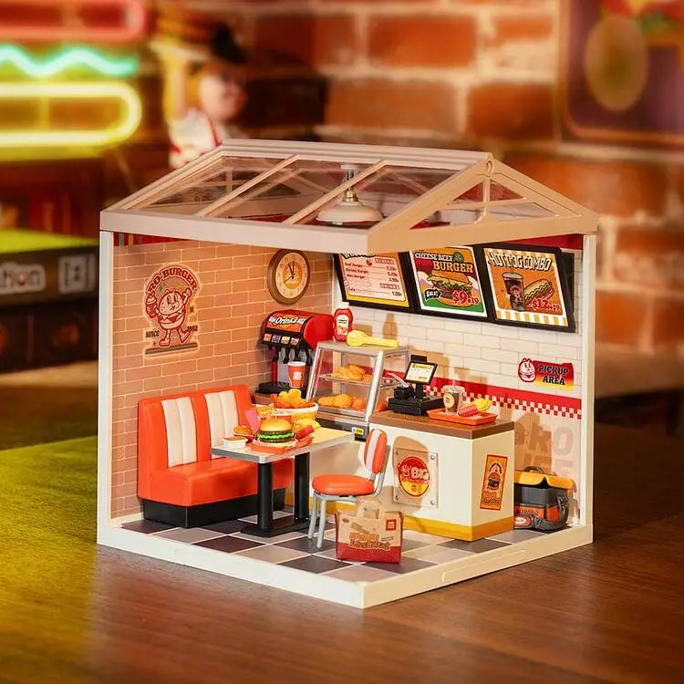 ROBOTIME Yum Burgers DIY Miniature Dollhouse Kit with LED 110 Pieces
