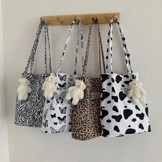 Animal Print Nylon Casual Handbag with Outer and Sandwich Pockets
