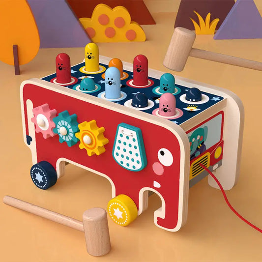 Animal Tunes: Montessori Wooden Bus & Pounding Bench - Red