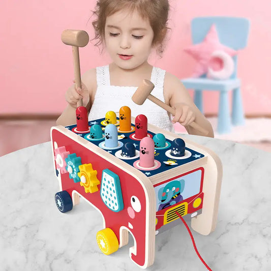 Animal Tunes: Montessori Wooden Bus & Pounding Bench - Red