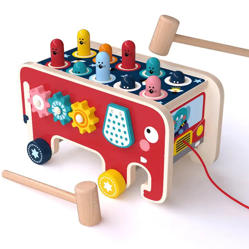 Animal Tunes: Montessori Wooden Bus & Pounding Bench - Red
