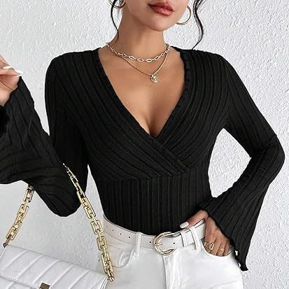 Ribbed V-Neck Flare Sleeve Slim Autumn Top for Women - LauBelle Brand