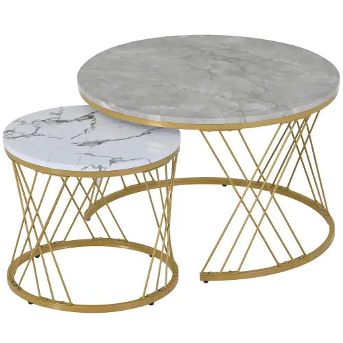 Moderne Nesting Coffee Table Set with Marble Veneer Round End Tables