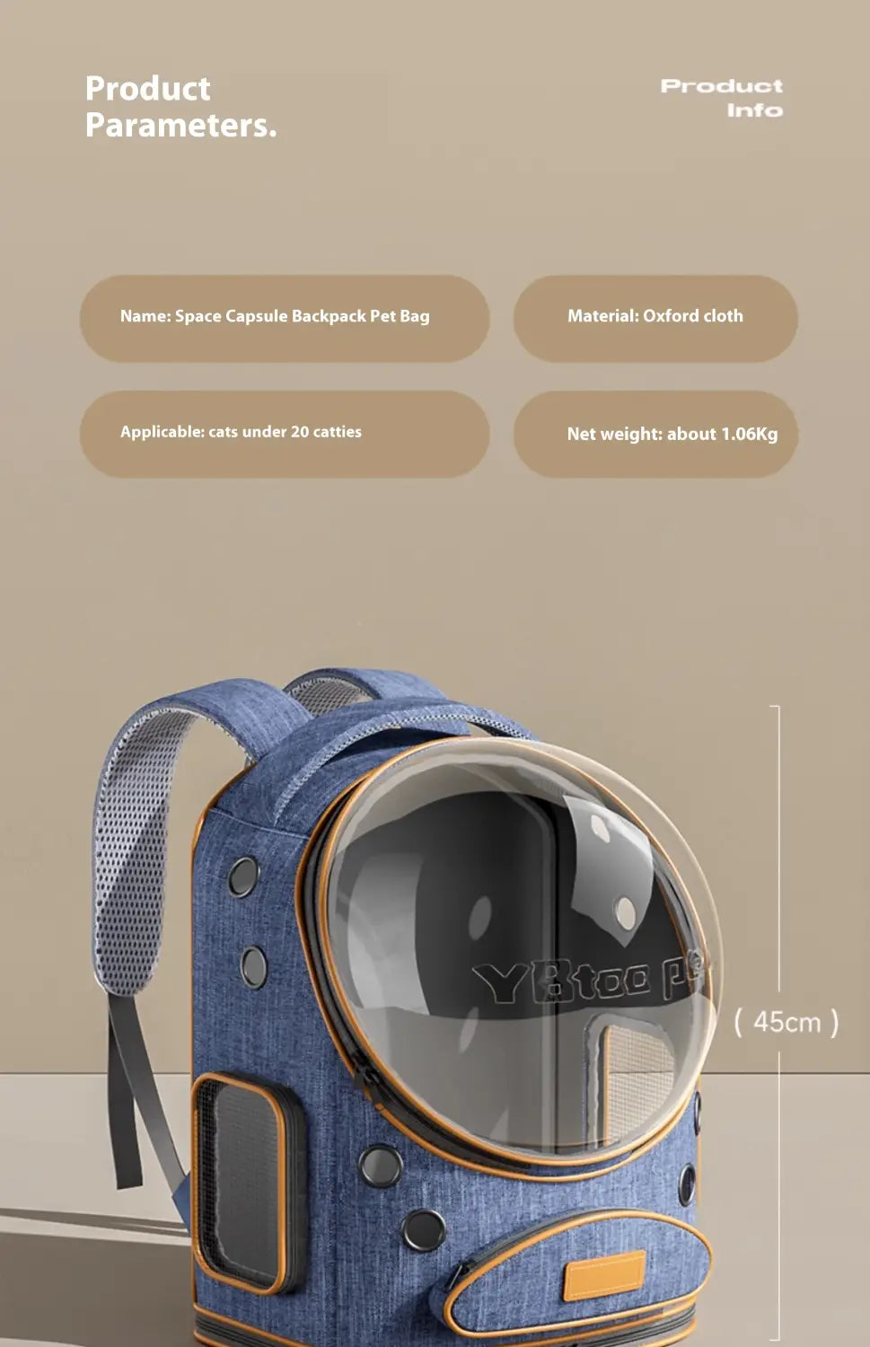 Panoramic Transparent Window Cat Backpack Denim Blue or Linen Gray