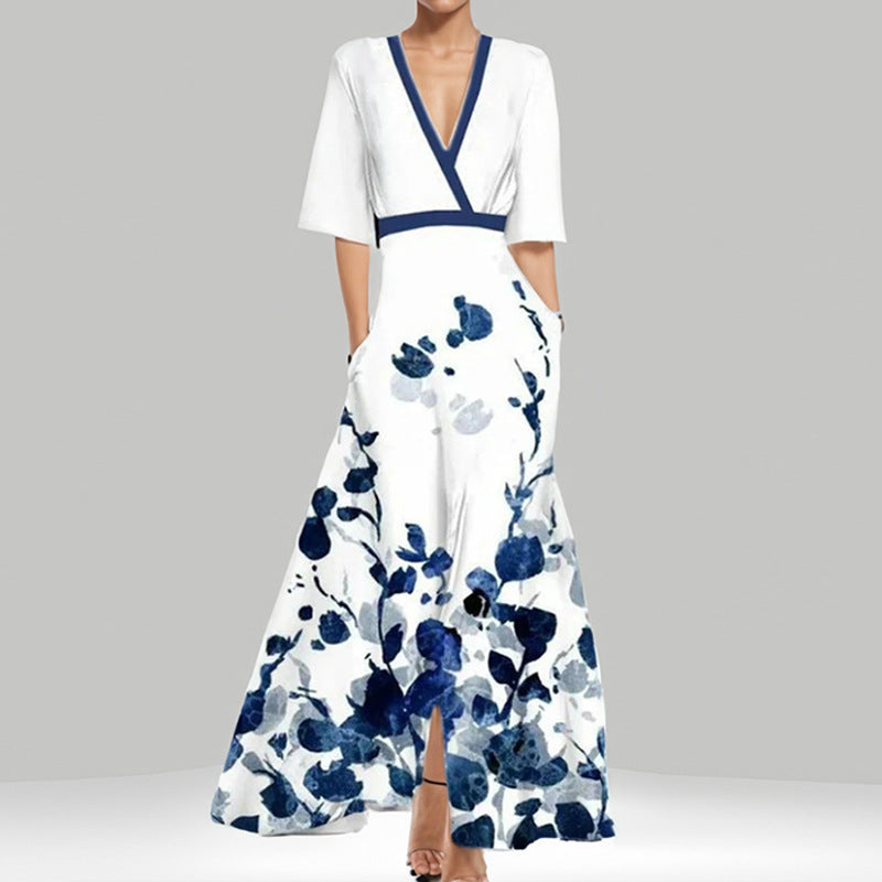 VoguePrint Slim V-Neck Half-Sleeve Waist Dress - LauBelle Brand