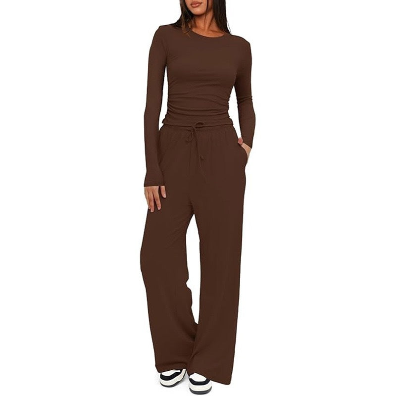 Chic Autumn 2-Piece Set: Long Sleeve Top & Wide Pants - LauBelle Brand