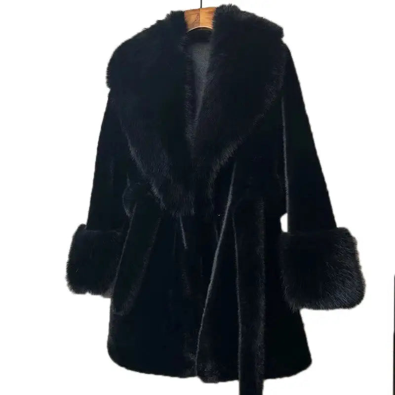 Black faux fur coat with a tie waist.