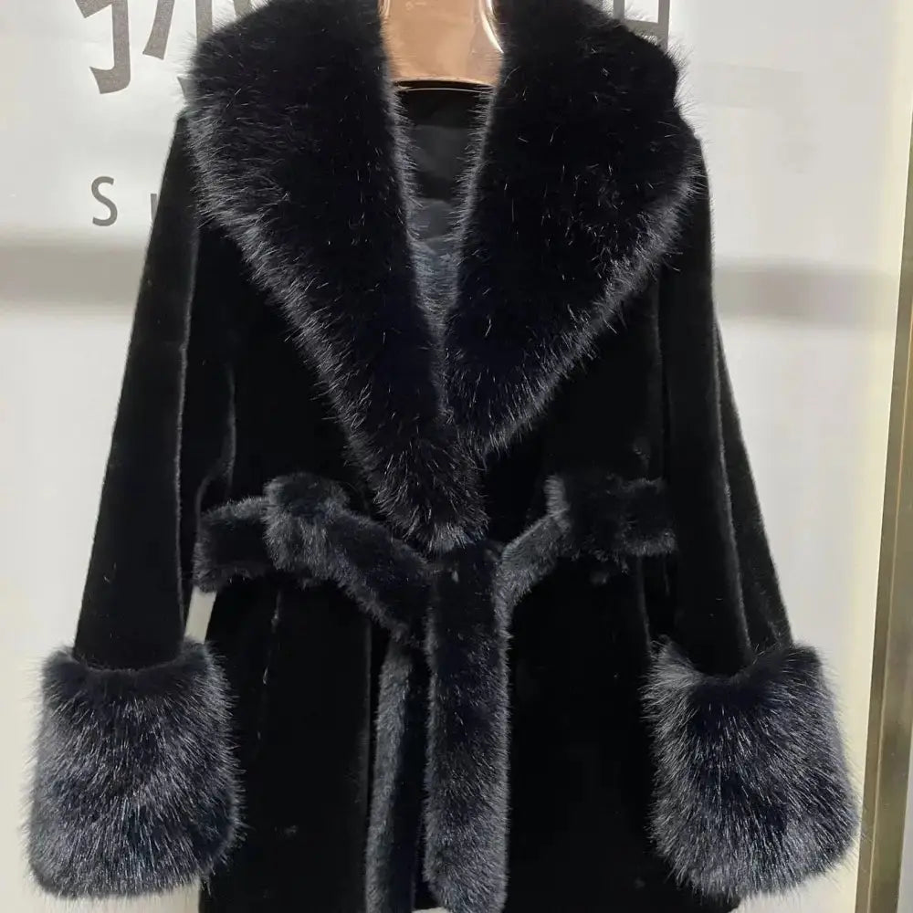 Black faux fur coat with belt.