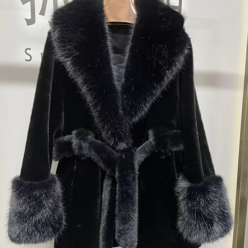 Black faux fur coat with belt.