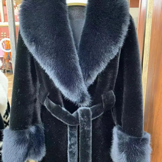 Black fur coat with a tie belt.