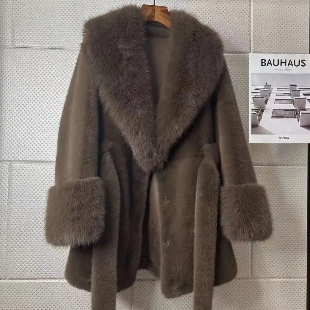 Brown fur coat with collar and cuffs.