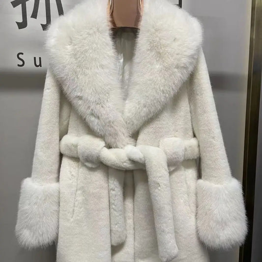 White faux fur coat with belt.