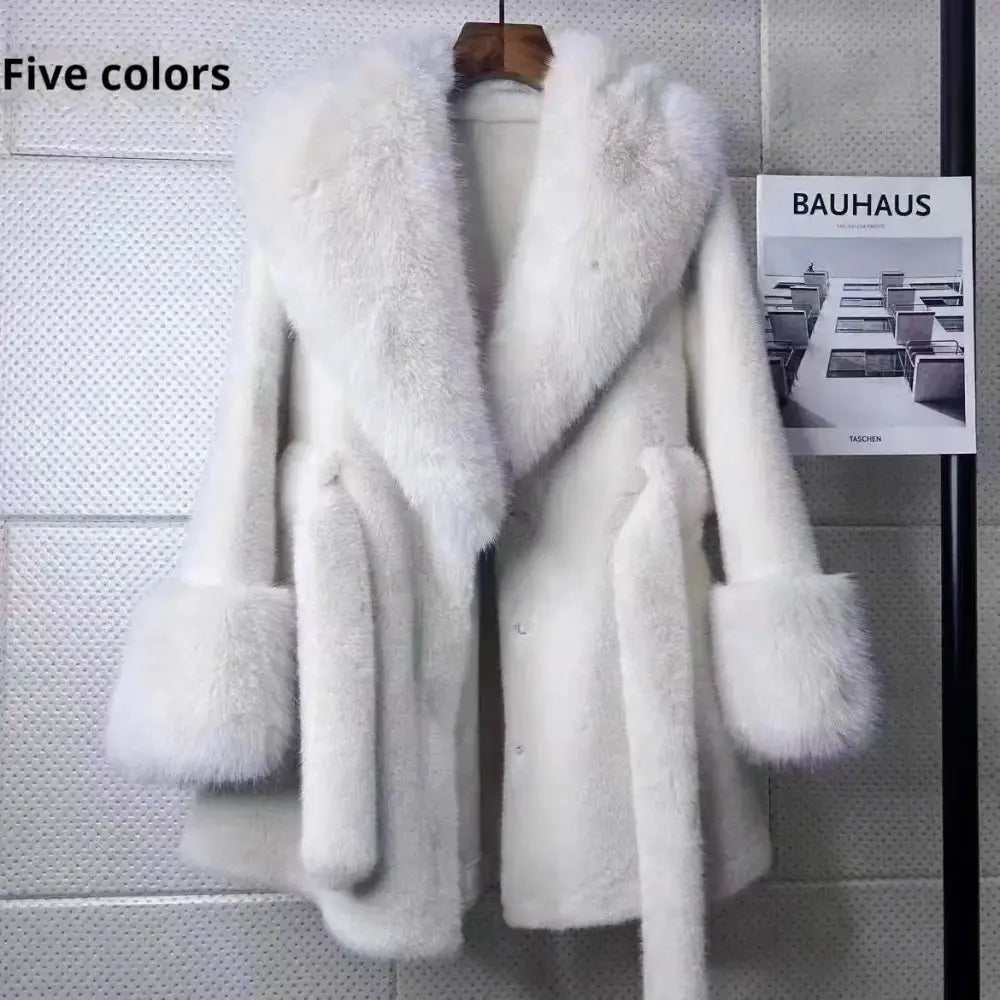 White faux fur coat with tie.