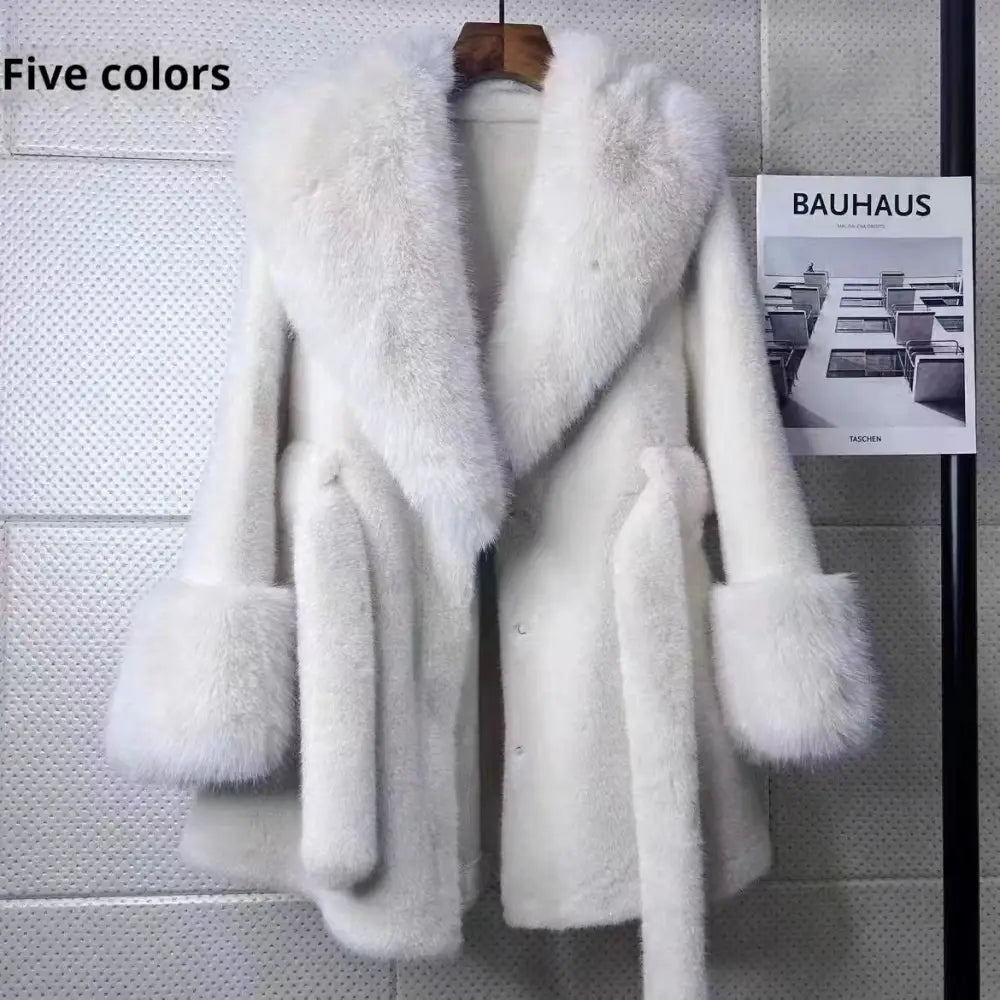 White faux fur coat with tie.