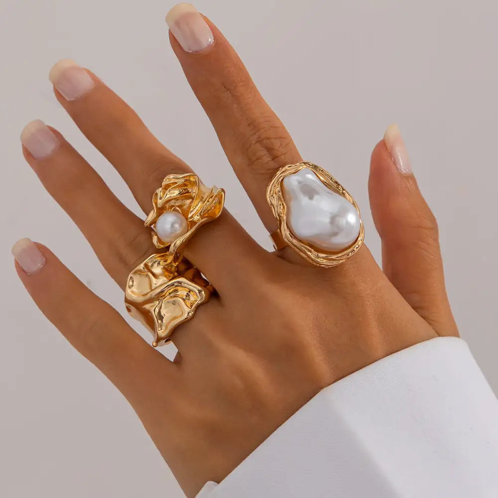 Baroque Blossoms Floral Ring Set - Gold 3PCS / Free Size