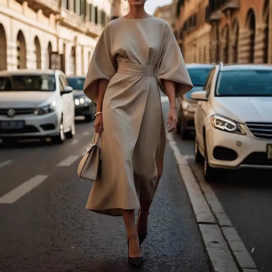 Batwing Elegance: Waist-Tight Solid Dress