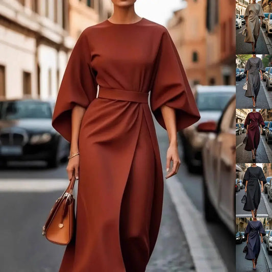 Batwing Elegance: Waist-Tight Solid Dress