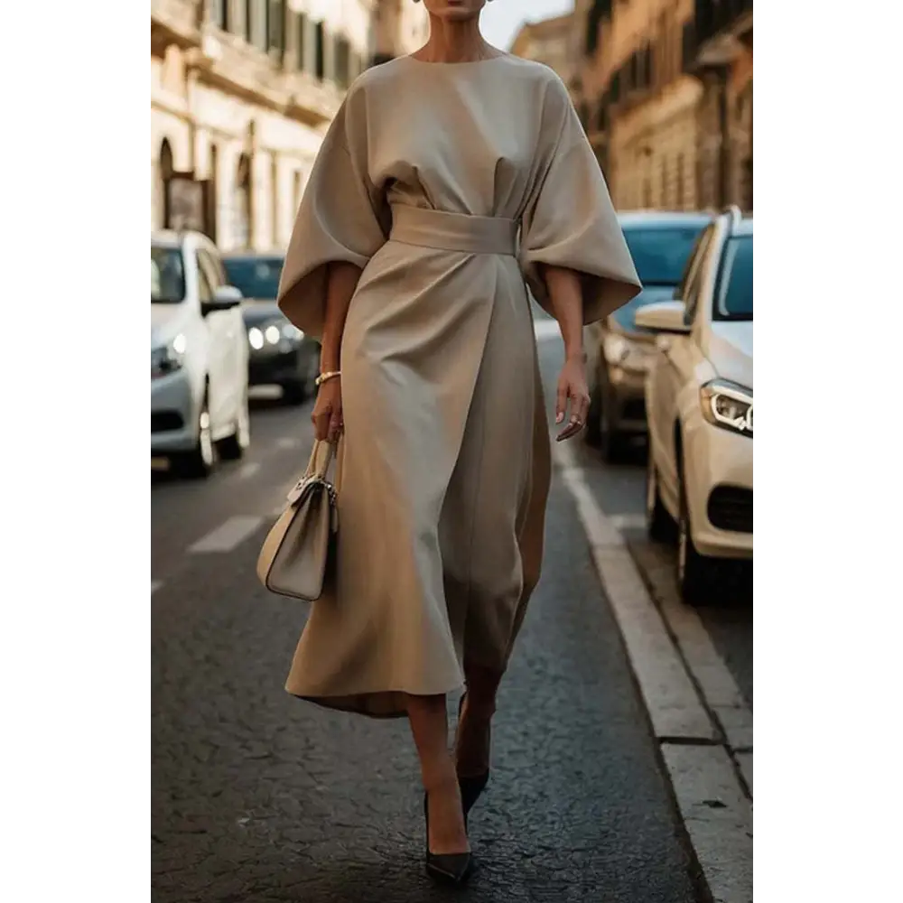 Batwing Elegance: Waist-Tight Solid Dress - Apricot / S