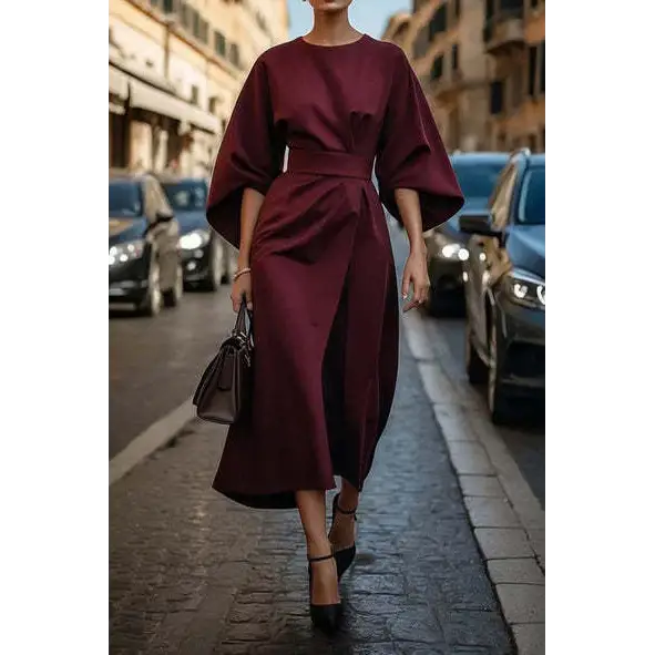 Batwing Elegance: Waist-Tight Solid Dress - Wine Red / S
