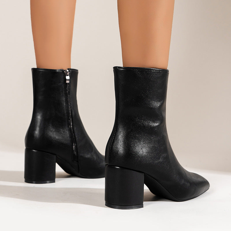 Chunky Heel Pointed Toe Boots With Side Zipper Fashion Mid-calf Boot For Women Shoes - LauBelle