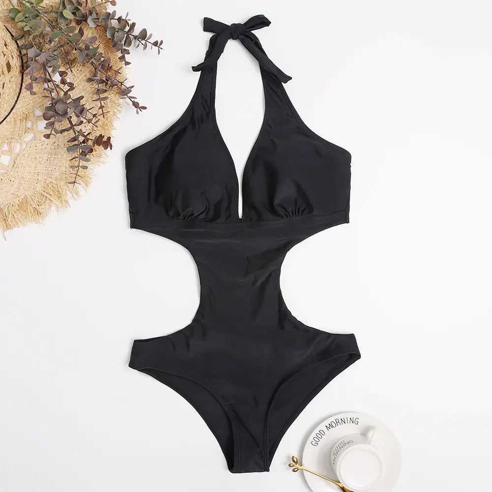 One Piece Triangle Show Waist Solid Color Swimsuit