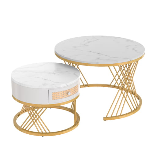 2 in 1 Round Coffee Table with Marble Top and Rattan Drawers