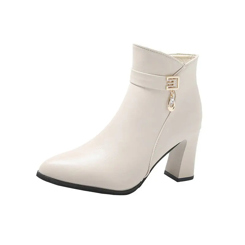 Beige and Black Rhinestone High Heel Short Stout Heeled Shoes