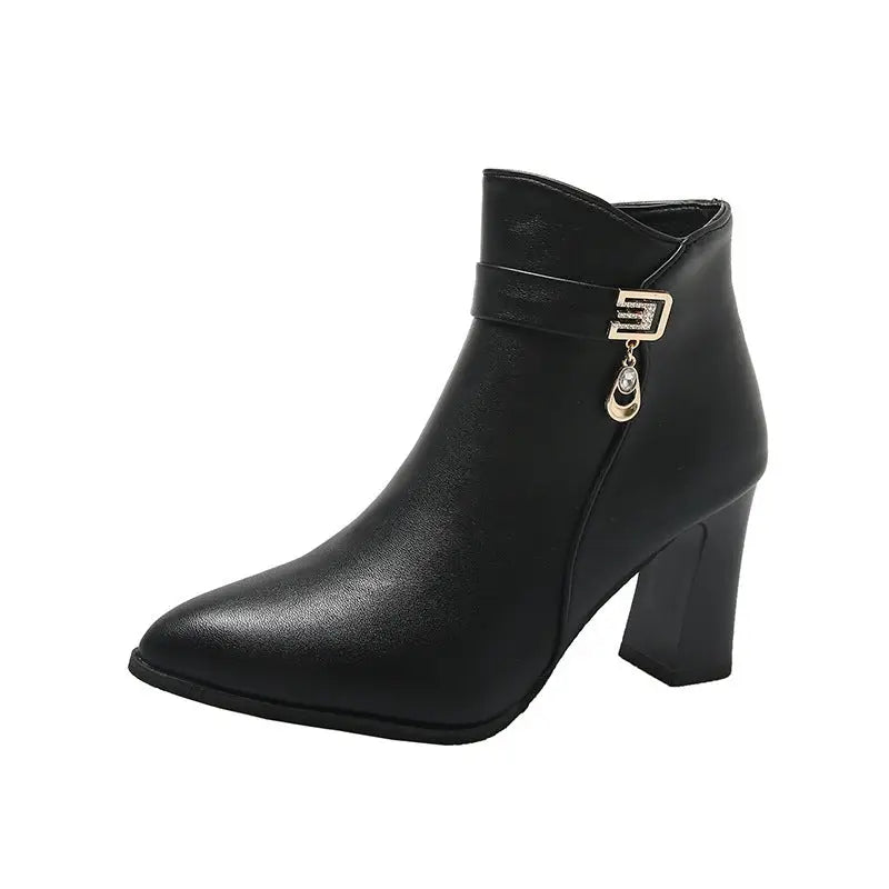 Beige and Black Rhinestone High Heel Short Stout Heeled Shoes - Black / 35