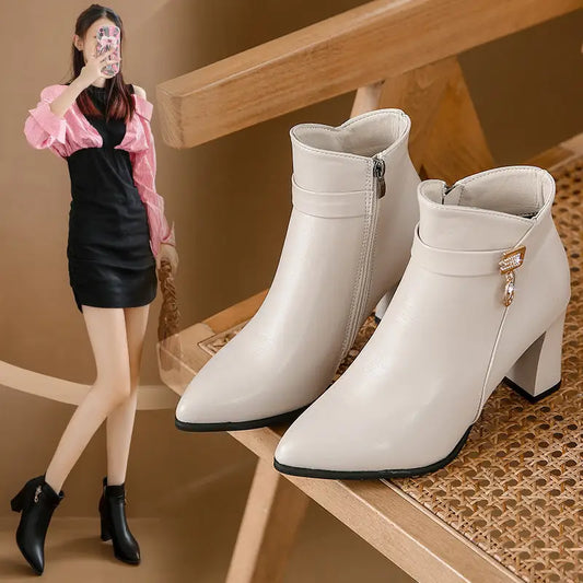 Beige and Black Rhinestone High Heel Short Stout Heeled Shoes