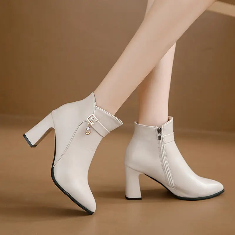 Beige and Black Rhinestone High Heel Short Stout Heeled Shoes