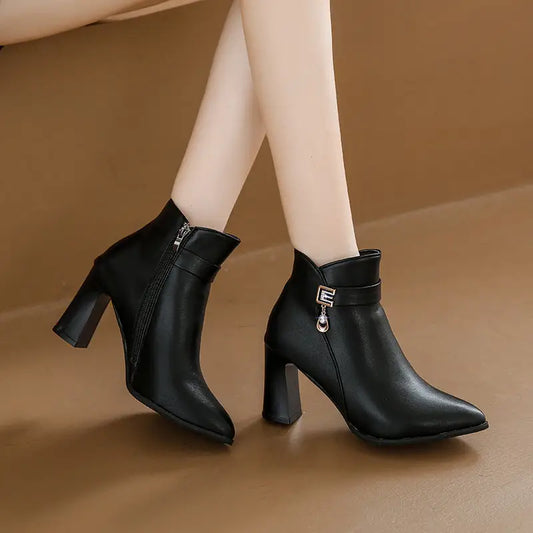 Beige and Black Rhinestone High Heel Short Stout Heeled Shoes