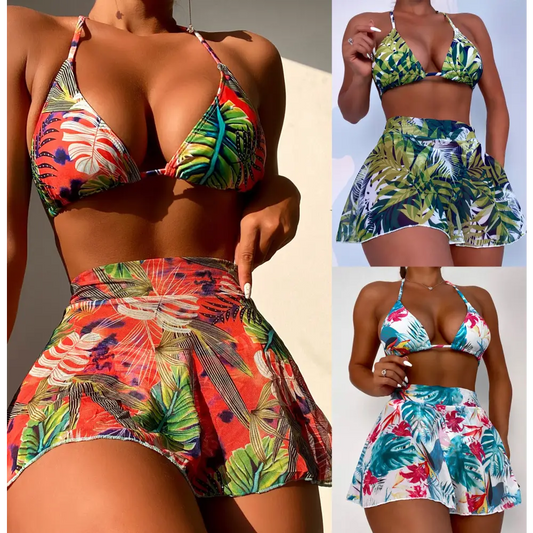 Big Flower Leaf Three Piece Swimsuit Bikini