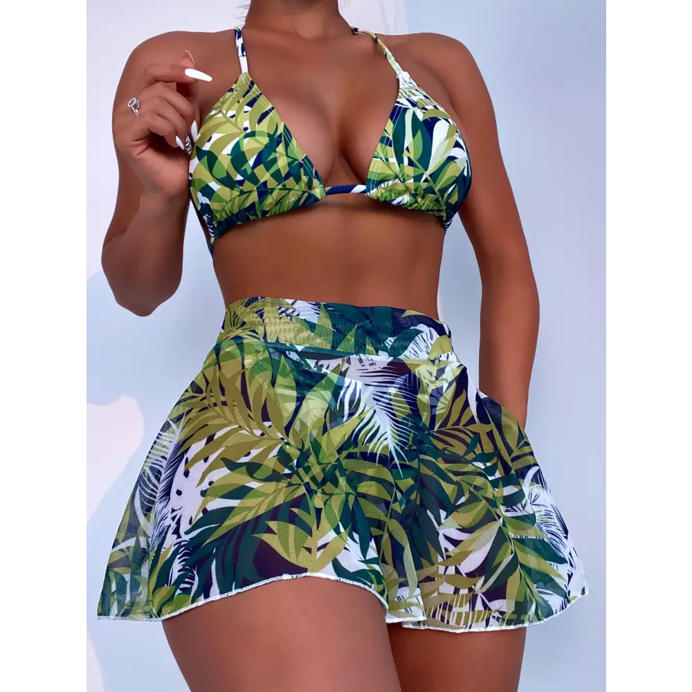 Big Flower Leaf Three Piece Swimsuit Bikini - Green / S