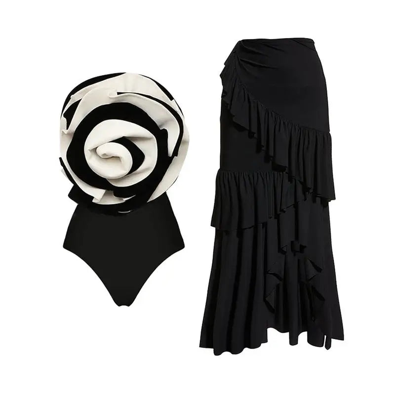 Big Flower One-piece Swimsuit Women’s Beach Vacation Suit - Black And White Set / S