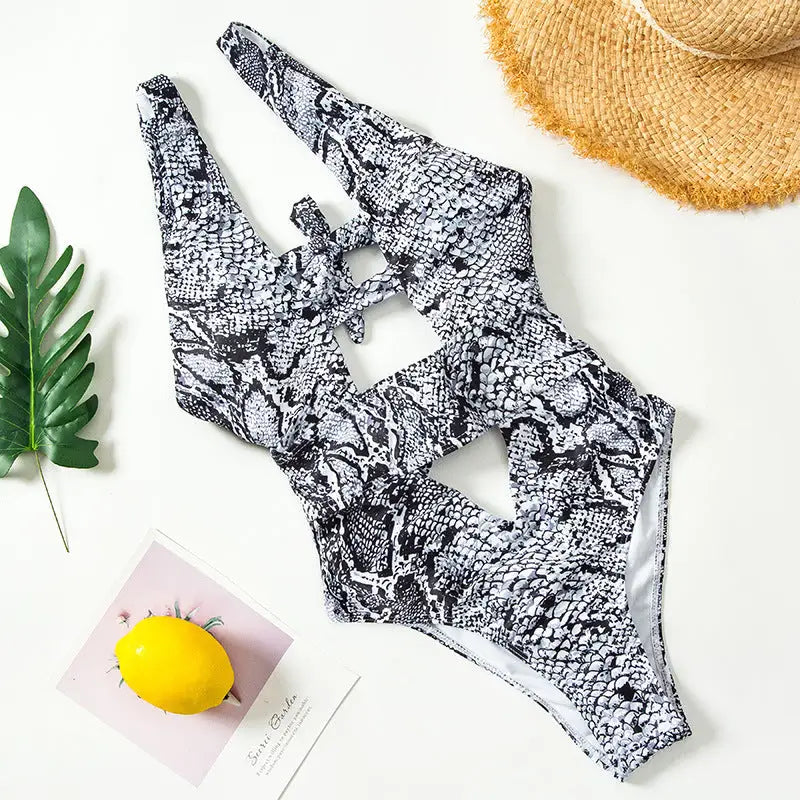 Bikini Snake Print One-piece Swimsuit - White / S
