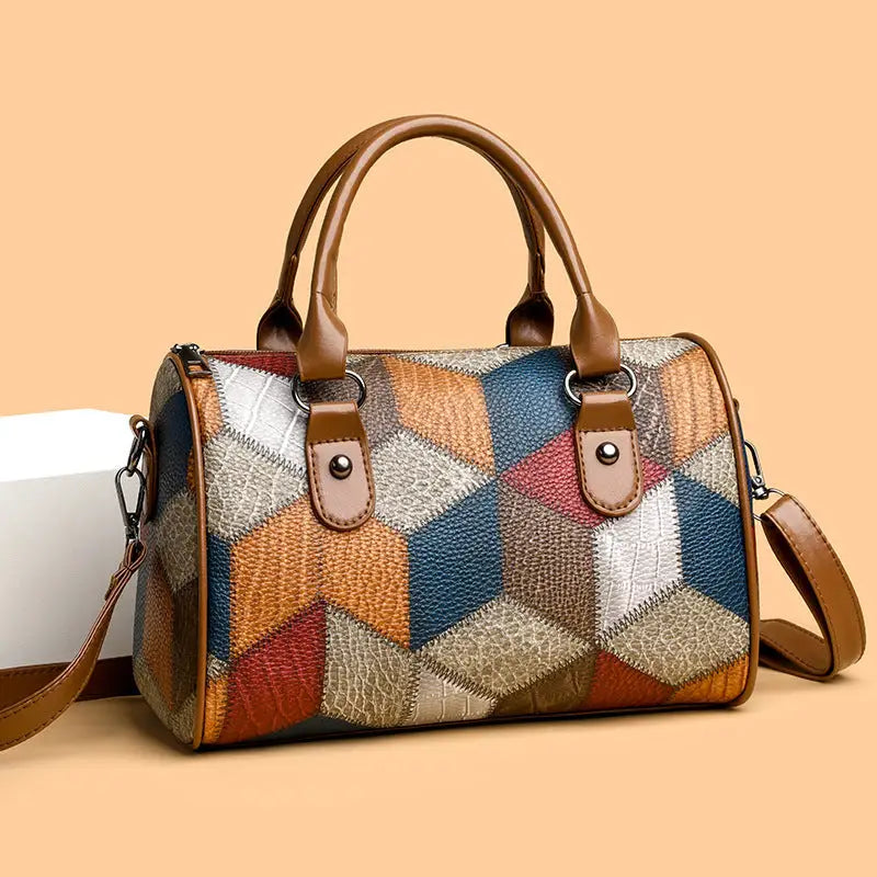 Black and Brown PU Rhombus Cylinder Crossbody Suitcase Bag